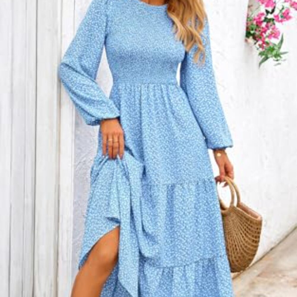 Flowy Floral Maxi Dress Smocked Tiered Long Sleeve Spring Boho Chic - Picture 6 of 8